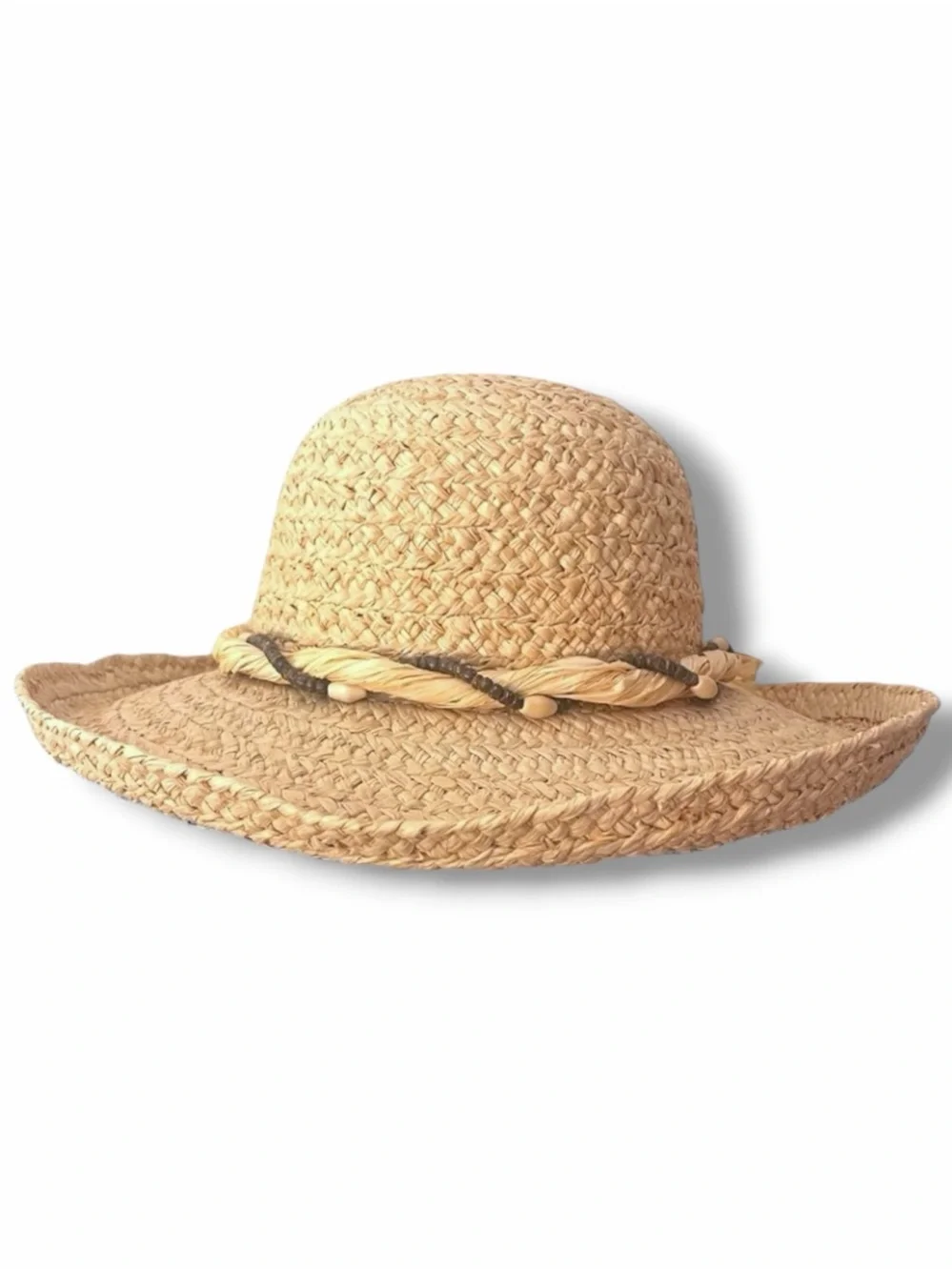SCALA Woven Natural Fiber Straw Sun Hat Beaded Raffia Bow Resort Vacation Boho